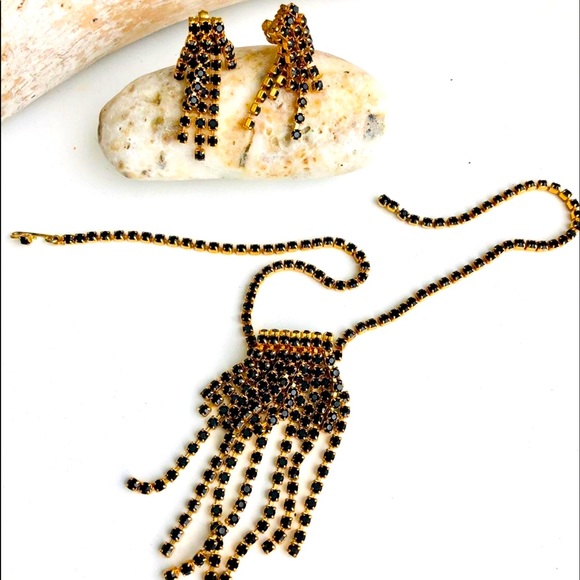 Vintage Waterfall Black Rhinestone Necklace Set 🖤 - Picture 6 of 17